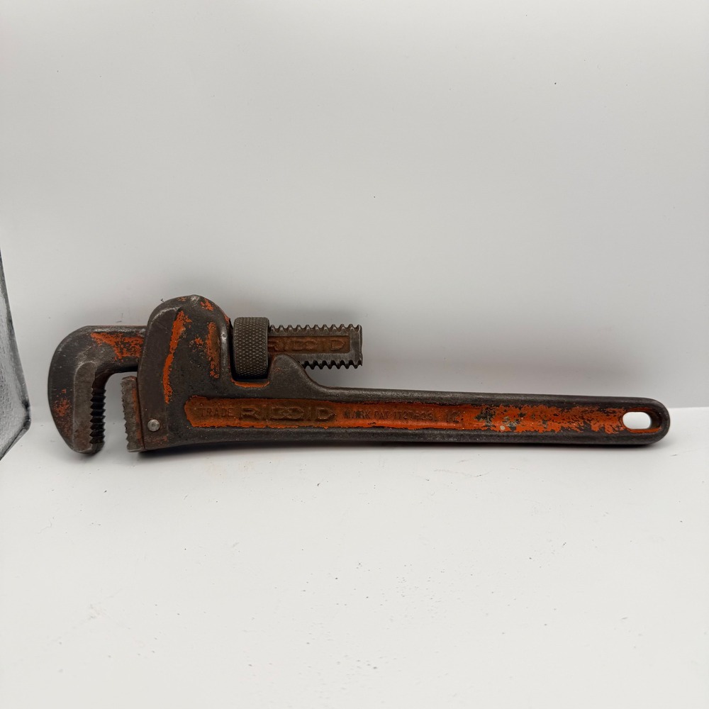 Vintage RIDGID 12 Inch Pipe Wrench Orange Heavy Duty Cast Iron Tool Elyria Ohio